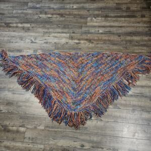 Vintage handmade crocheted Shawl colorful womens 2380